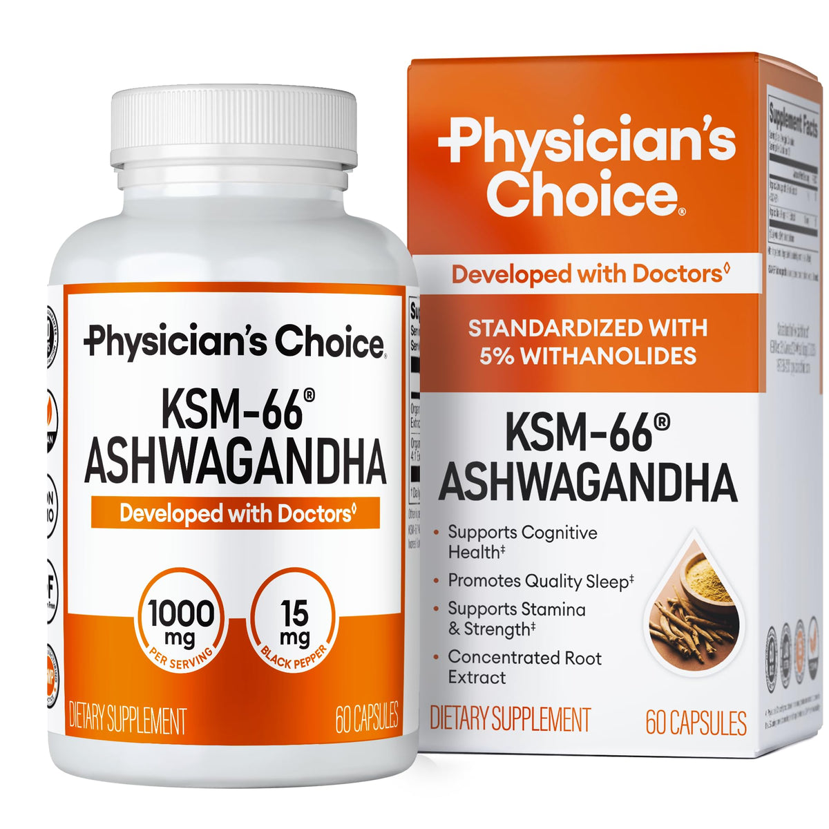 Physician's CHOICE KSM-66 Ashwagandha Root Extract 1,000mg, Organic, 60ct