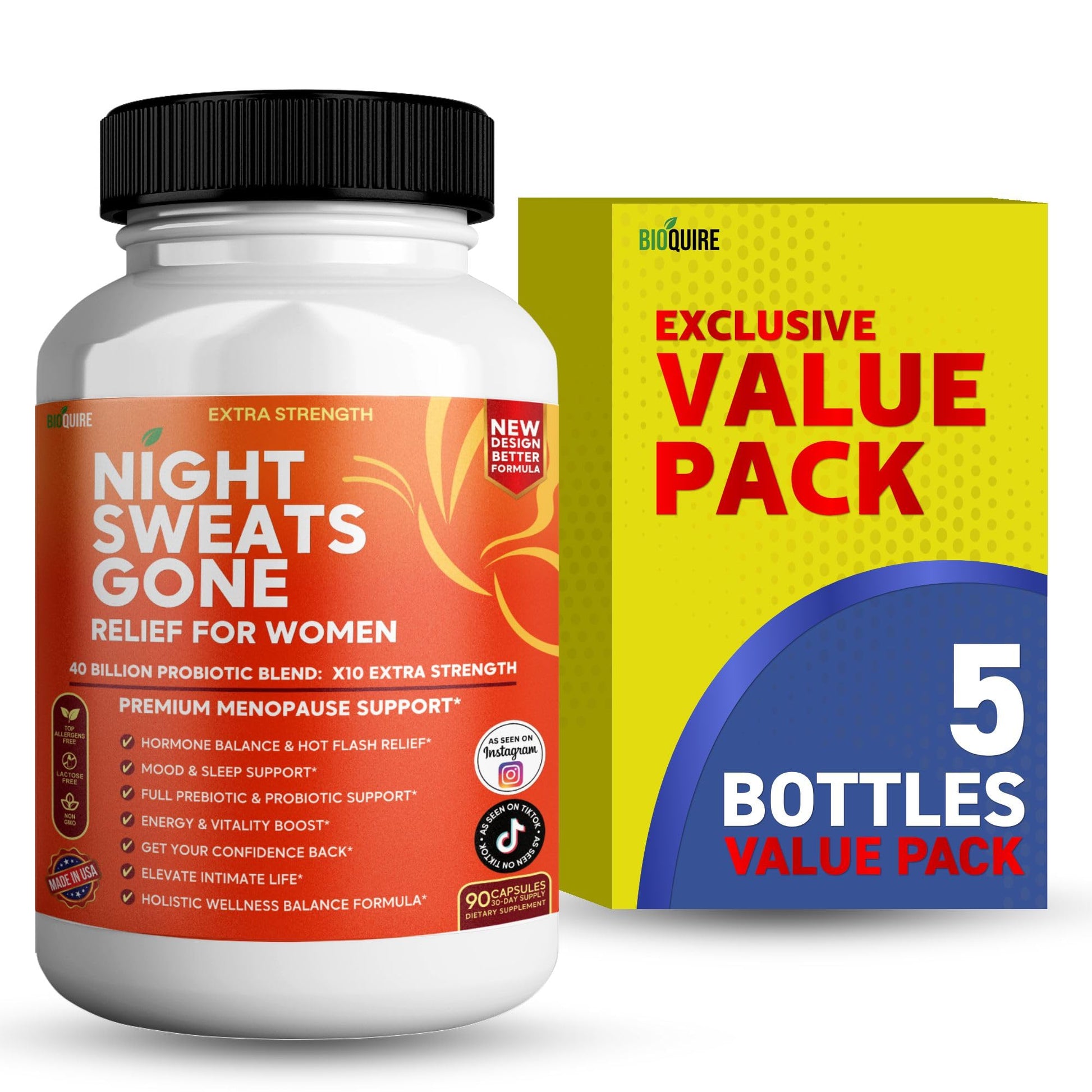 BIOQUIRE Night Sweats Gone - Menopause Relief for Women, 40 Billion Probiotic Blend, Hot Flash, Mood & Sleep Support, Energy & Vitality Boost, 90 Capsules