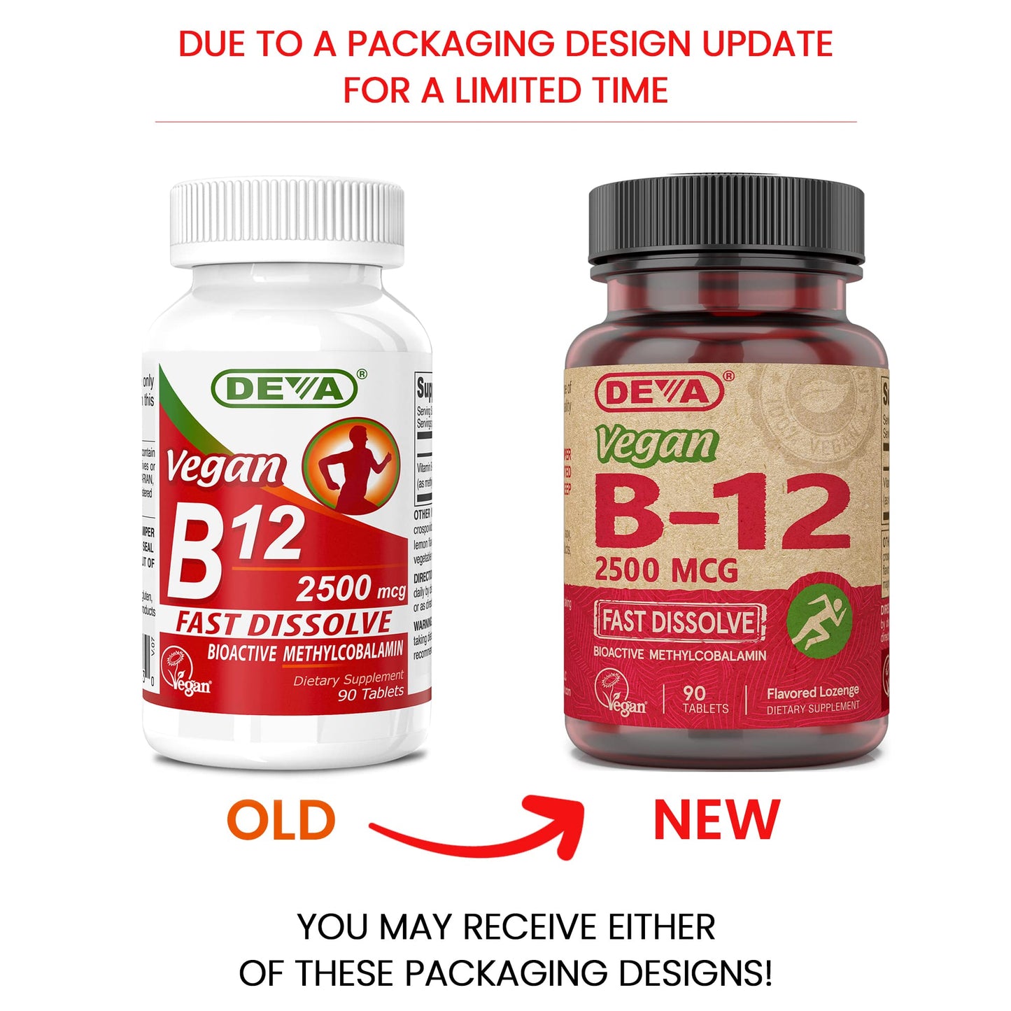 DEVA Vegan Vitamins B-12 High Potency 2500 mcg Fast Dissolve Sublingual Tablets, 180 Tablets
