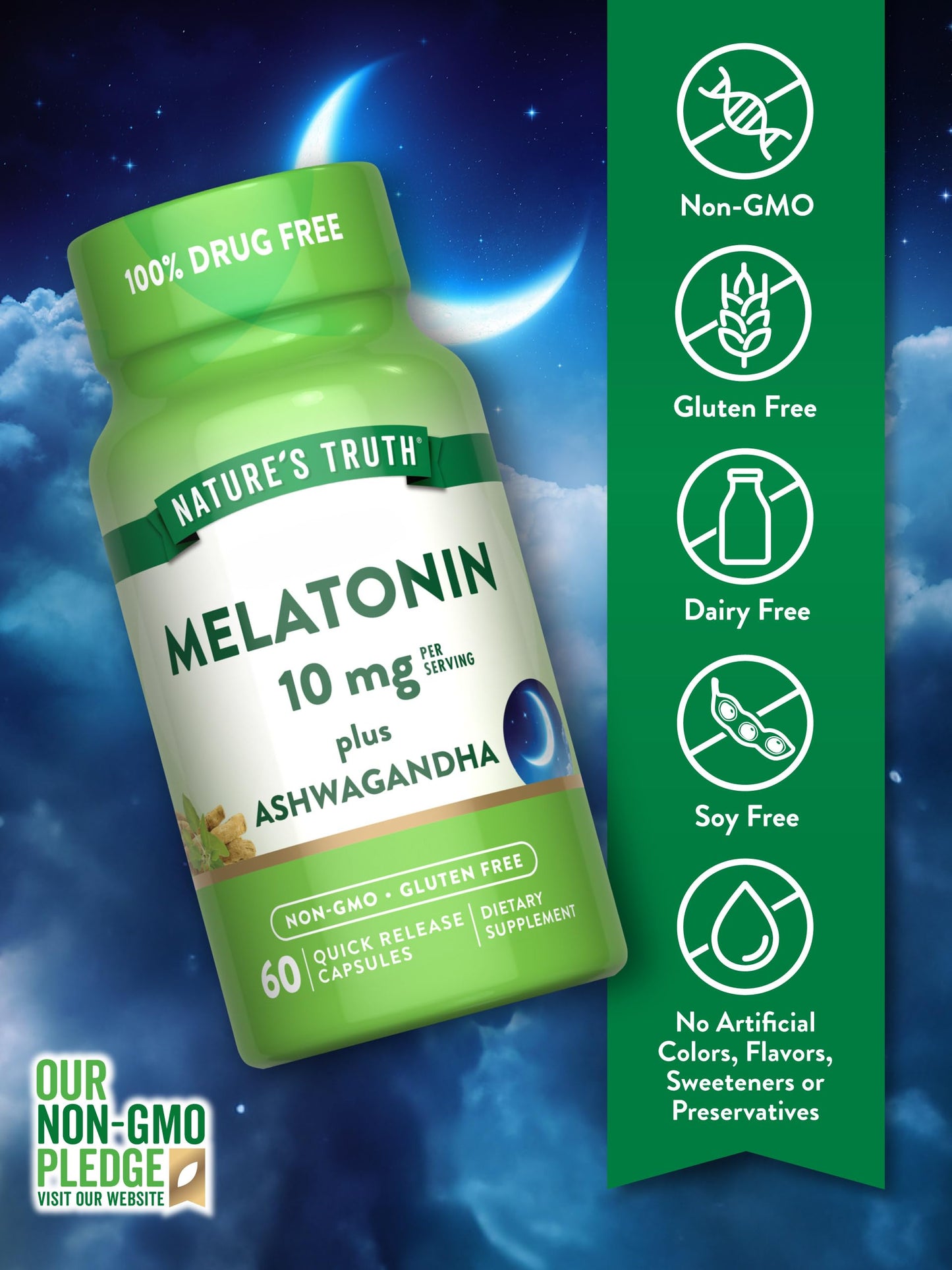 Nature's Truth Melatonin 10mg with Ashwagandha, 60 Capsules
