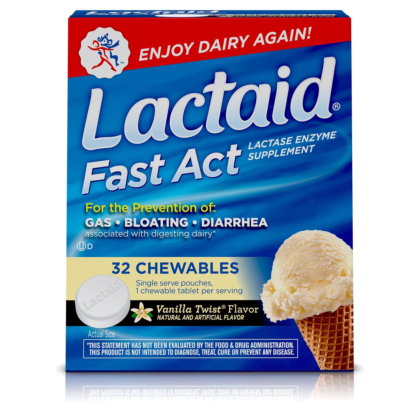 Lactaid Fast Act Lactose Intolerance with Lactase Enzymes Vanilla Twist Tablets, 32 Count