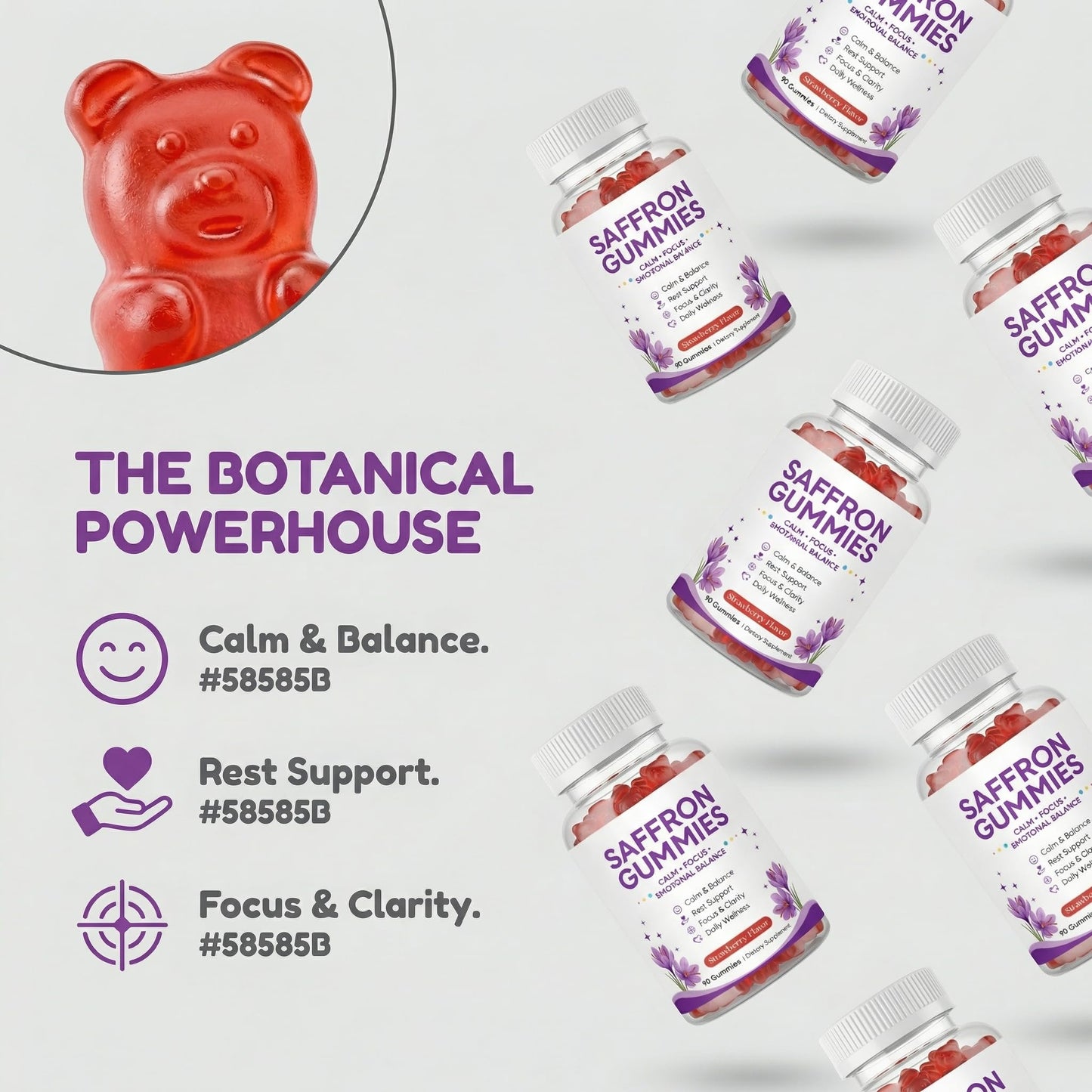 MKSUVGQ Saffron Mood & Calm Support with Passion Flower, St. John's Wort, GABA & Vitamin D2, Emotional Balance & Focus Formula, Strawberry Flavor 90 Gummies