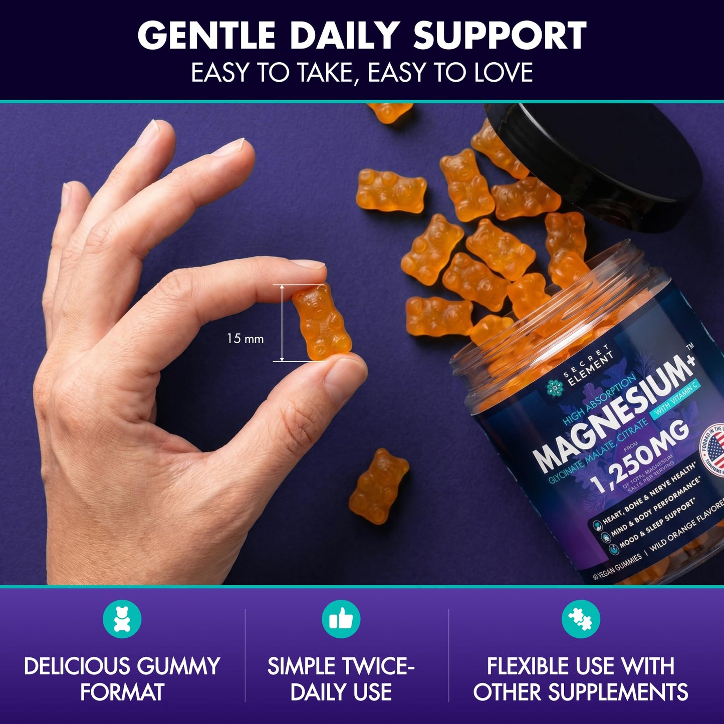 Secret Element Magnesium Glycinate 1250MG Gummies, 60 Count