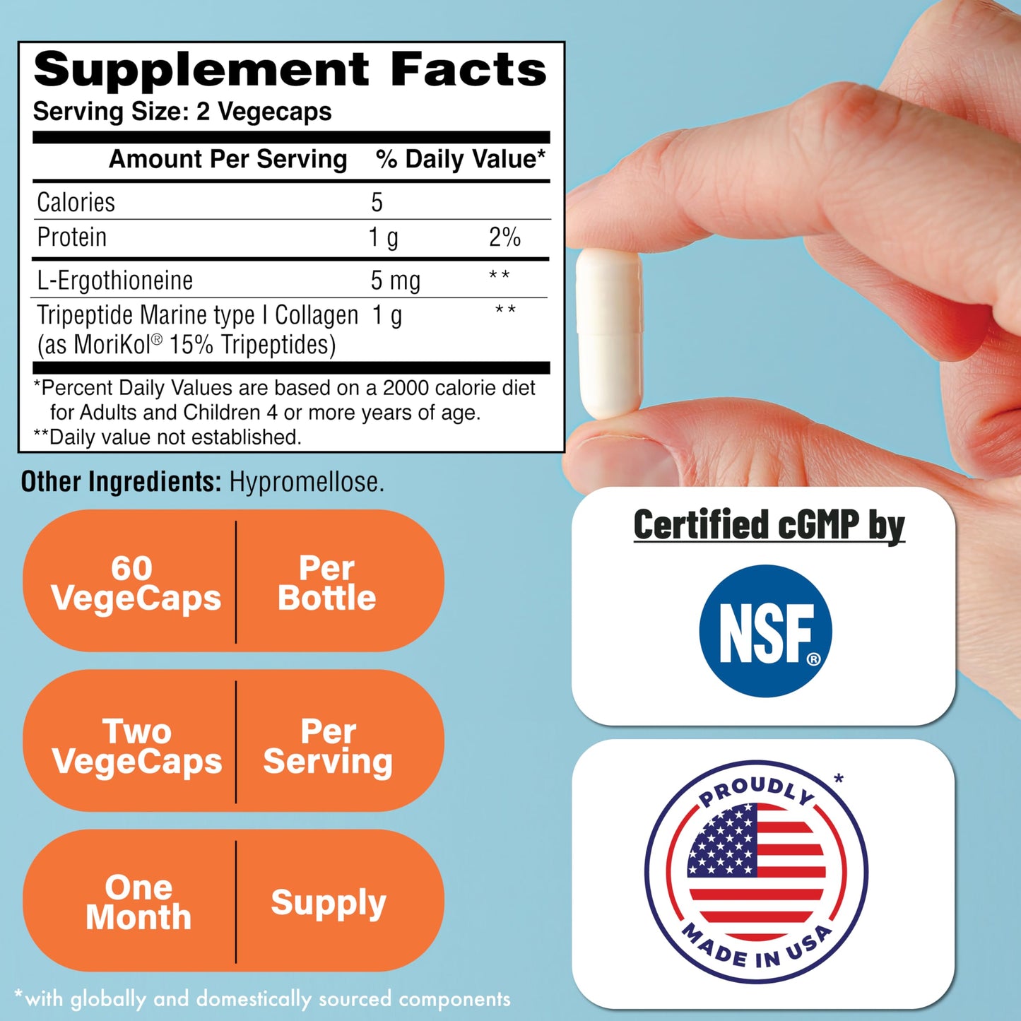 Health Thru Nutrition Skineu Collagen Tripeptide + L-Ergothioneine Morikol Marine Collagen Capsules, 60 Count