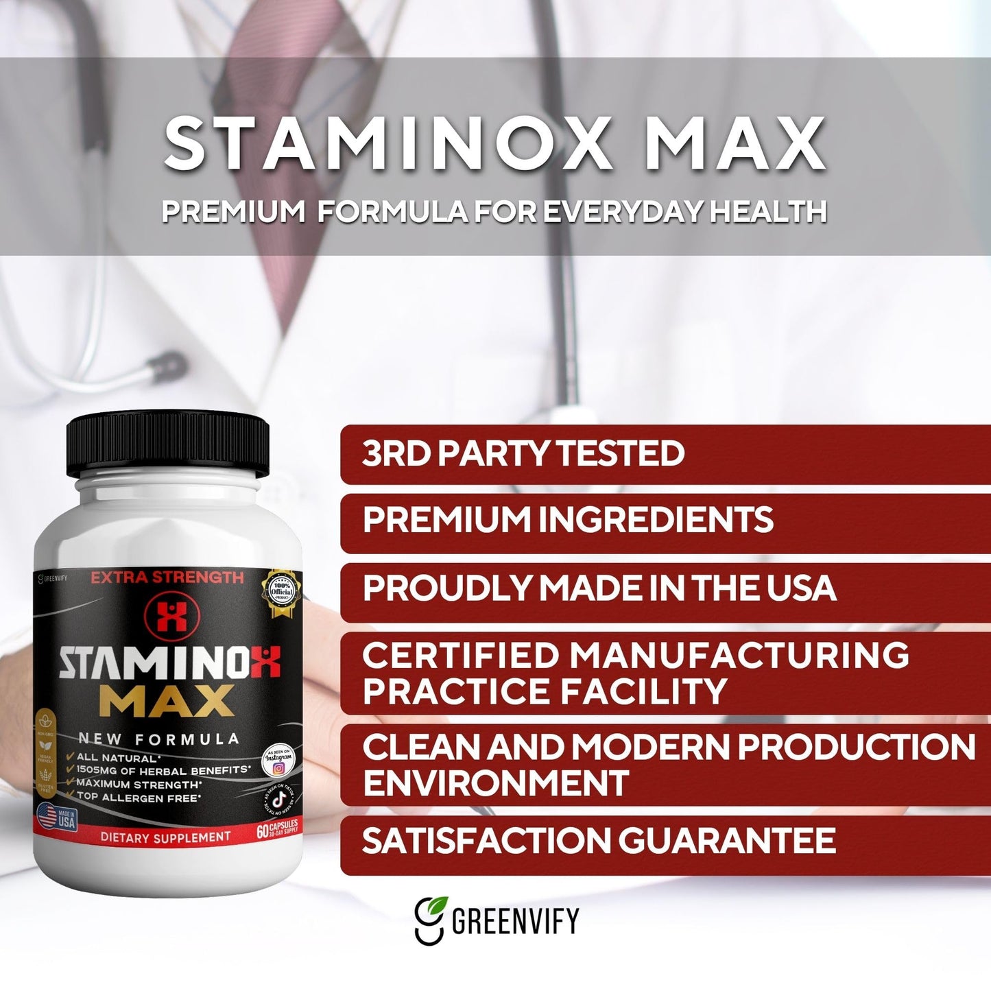 GREENVIFY StaminoX Max Dietary Supplement, Herbal Blend, Organic Maca Root, 60 Capsules