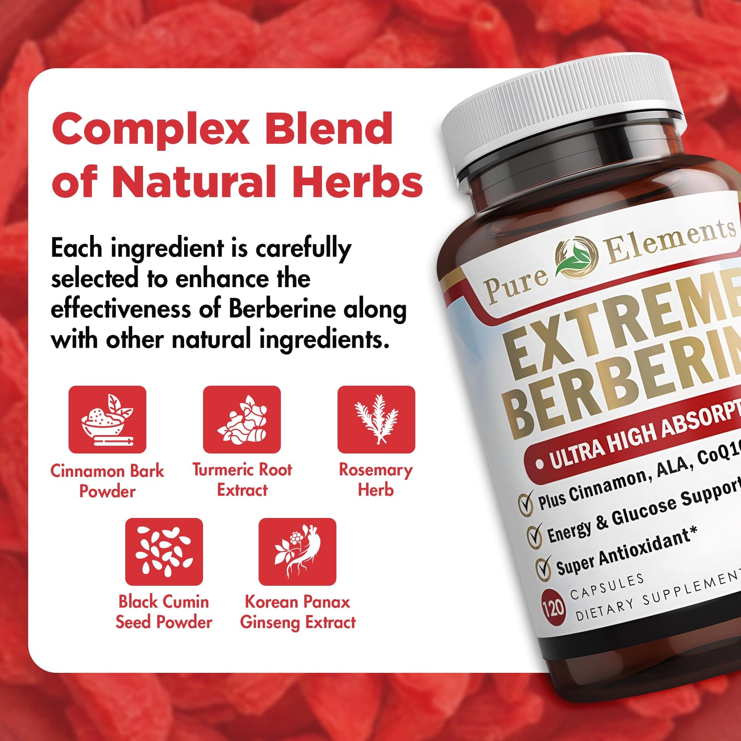 Pure Organic Elements Berberine 500mg with ALA, CoQ10, Turmeric & Cinnamon Capsules 1 Count