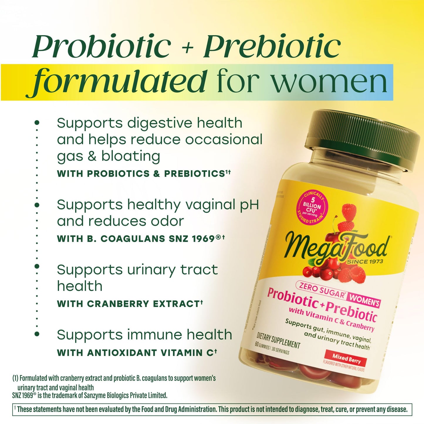 MegaFood Zero Sugar Women's Probiotic Prebiotic Gummies, 60 Count