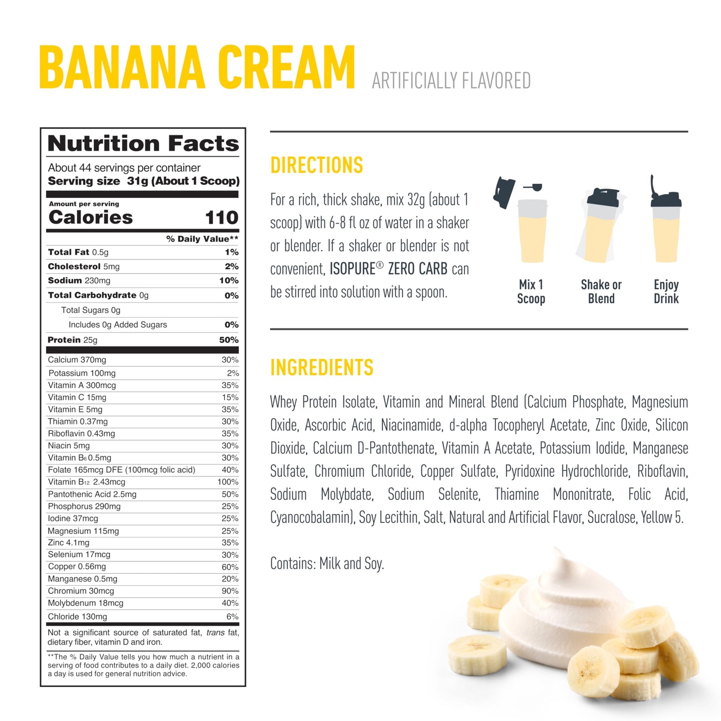 Isopure Zero Carb 100% Pure Whey Isolate Protein Powder, Banana Cream, Gluten Free, With Vitamins, 3 Lbs, 48 Servings