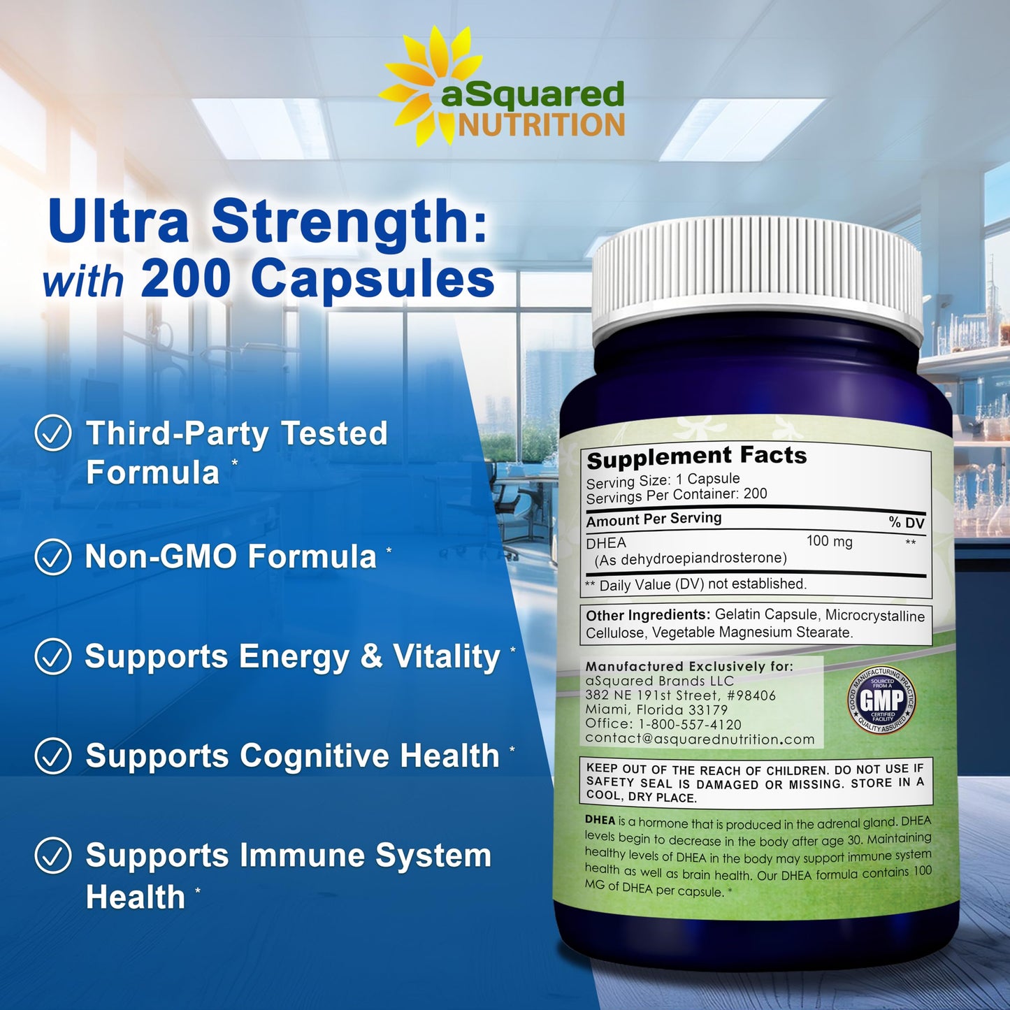 aSquared Nutrition DHEA 100mg Supplement Capsules, 200 Count