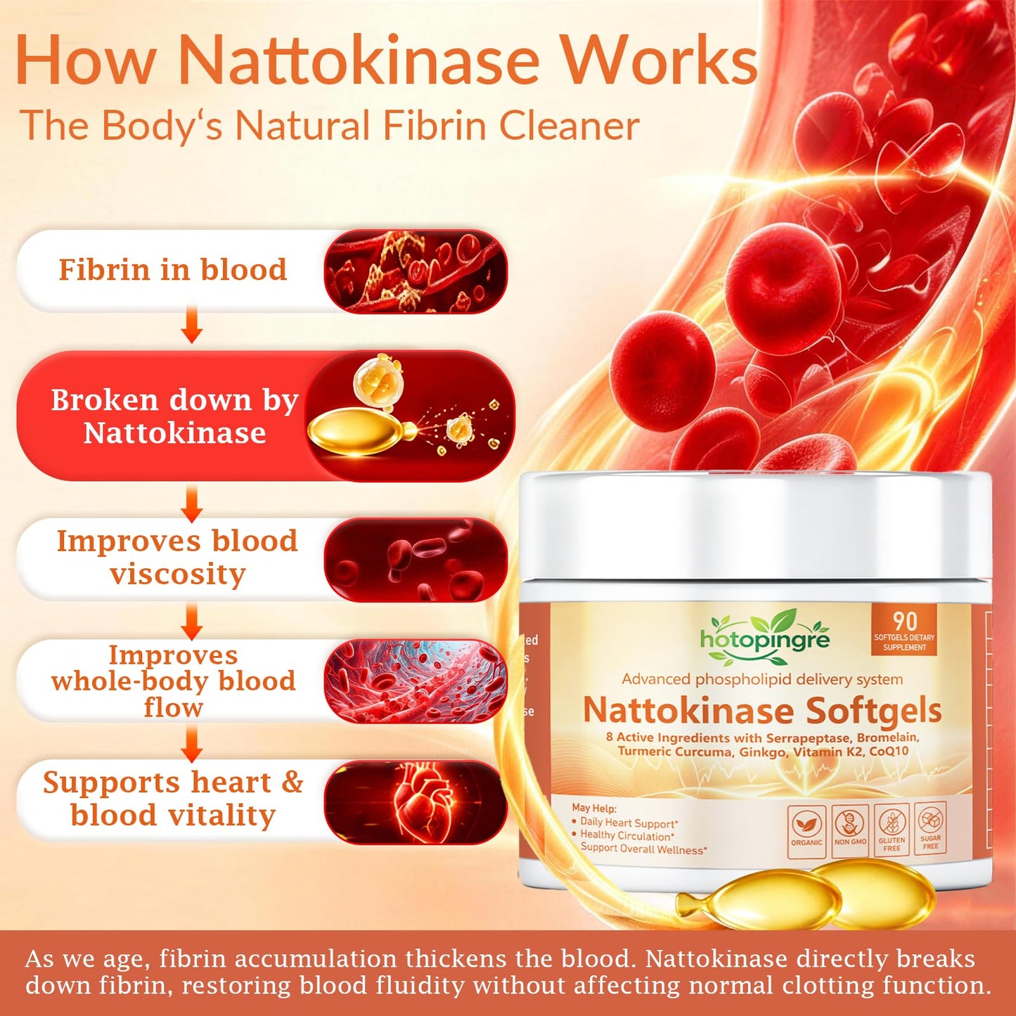 Hotopingre Liposomal Nattokinase 10800 FU Supplement Softgel 90 Count