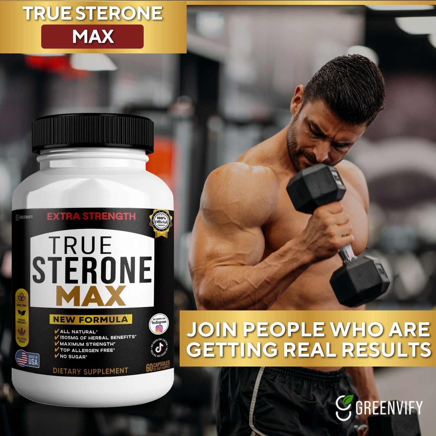 GREENVIFY True Sterone Max Extra Strength Dietary Supplement Organic Maca Root Complex, 60 Capsules