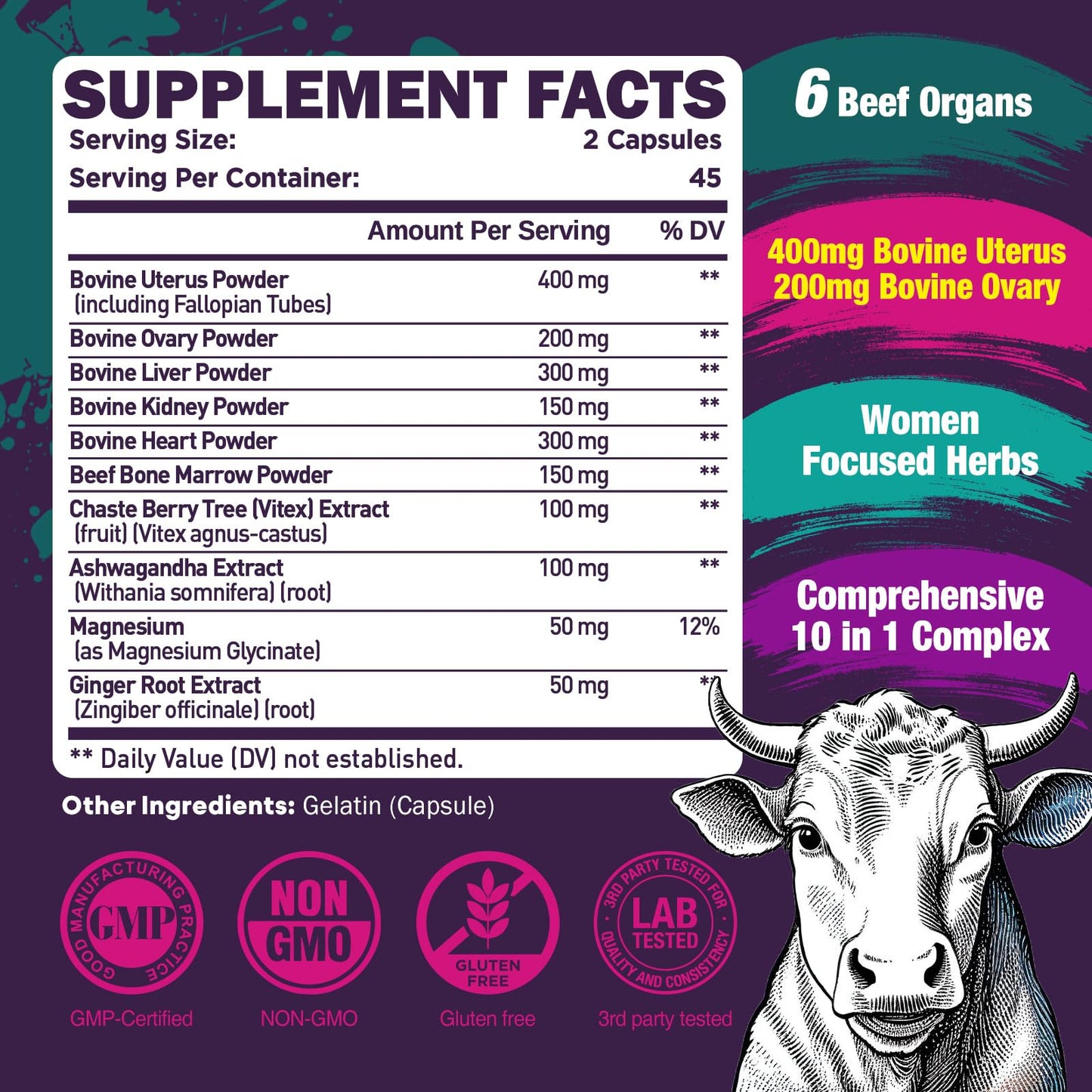 duwhot Beef Organ Supplement for Women 10 in 1 Complex with Beef Liver, Uterus, Kidney, Heart 90 Capsules