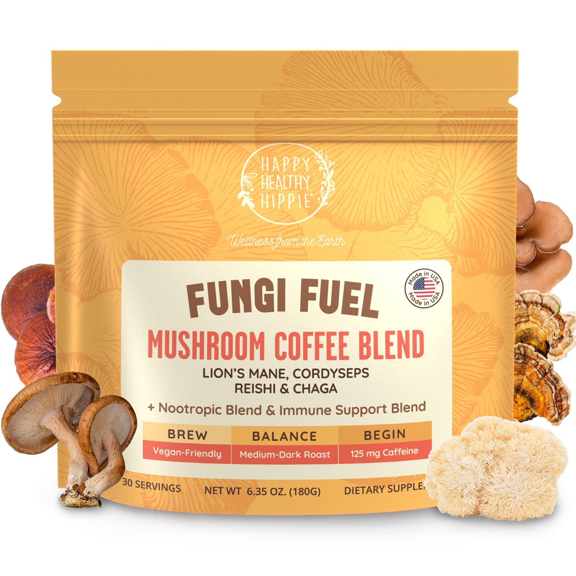 Happy Healthy Hippie Nootropic Mushroom Coffee Instant with 8 Mushrooms + Nootropic Adaptogen Stack Powder, 6 oz