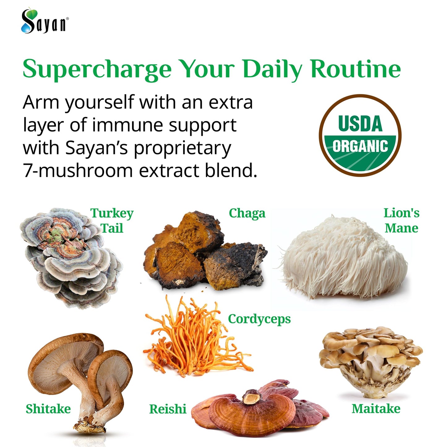 Sayan 7 Mushroom Extract 440mg Capsules, Immune Support Energy, Organic Vegan, 90 Count