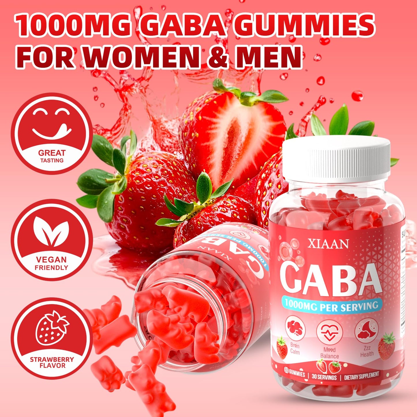 XIAAN GABA Gummies 1000mg for Kids & Adults, Chewable GABA Supplements with L-Theanine, 5-HTP, Ashwagandha, B6, B12, D3 for Calm & Sleep, 120 Count