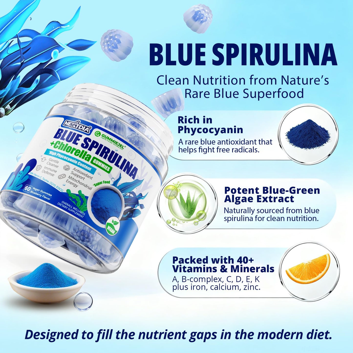 Nextdia Organic Blue Spirulina Gummies, 120 Count