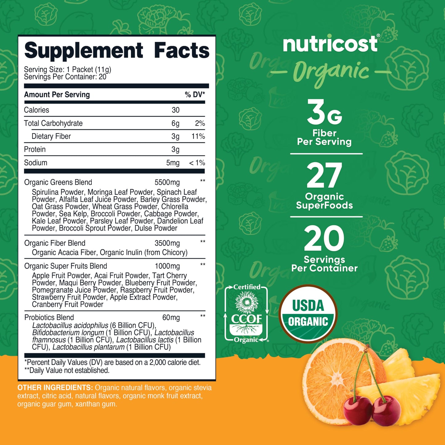 Nutricost Organic Super Greens Orange Sunrise Flavored Powder 8.1 Ounce