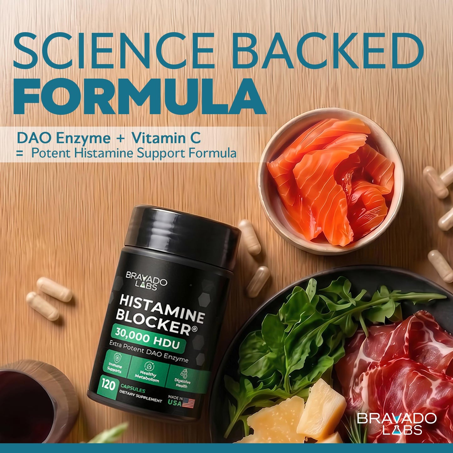 Bravado Labs DAO Supplements Histamine Blocker Extra Strength 30,000 HDU DAO Enzyme + Diamine Oxidase & Vitamin C for Daily Histamine Metabolism & Immune Support Capsules, 120 Count