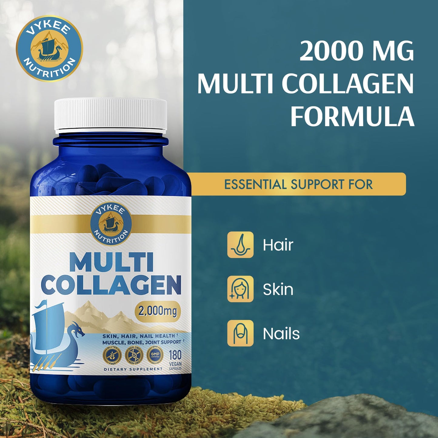 Vykee Nutrition Multi Collagen Capsules with Biotin + Hyaluronic Acid - Hair, Skin & Nail Support - Non-GMO, Gluten Free Dietary Supplement, 180 Capsules