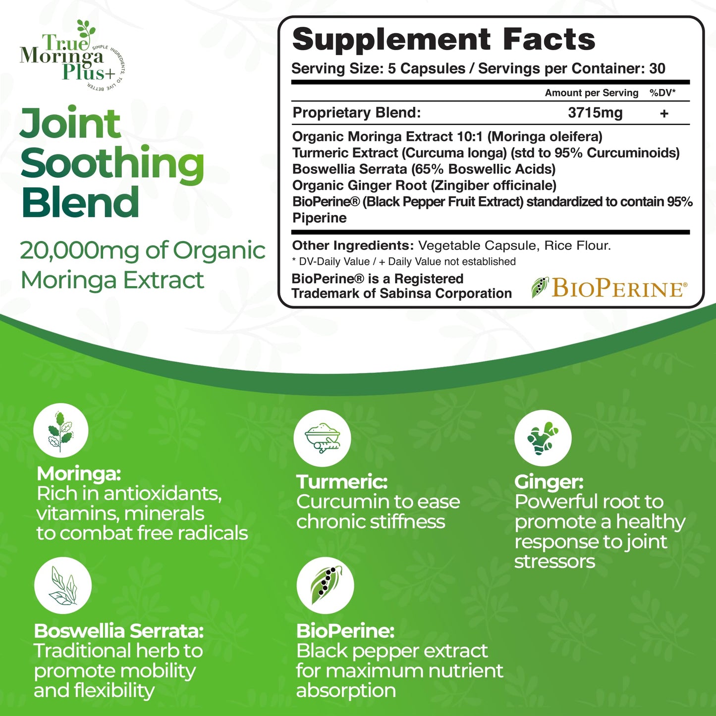True Moringa Plus+ Joint Support Supplement 10:1 Extract Capsule, 150 Count