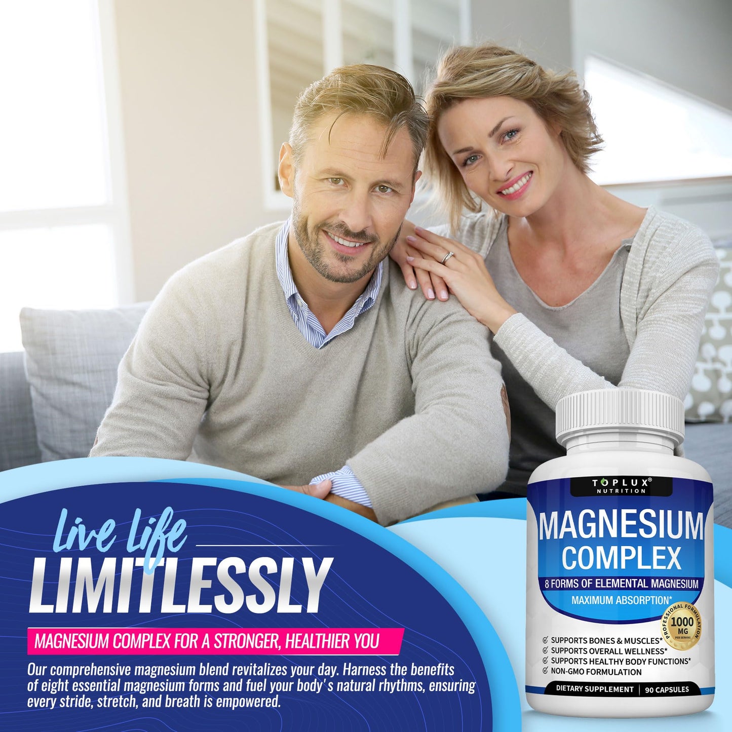 Toplux Magnesium Complex Supplement 8 Elemental 1000mg Capsule, 90 Capsules