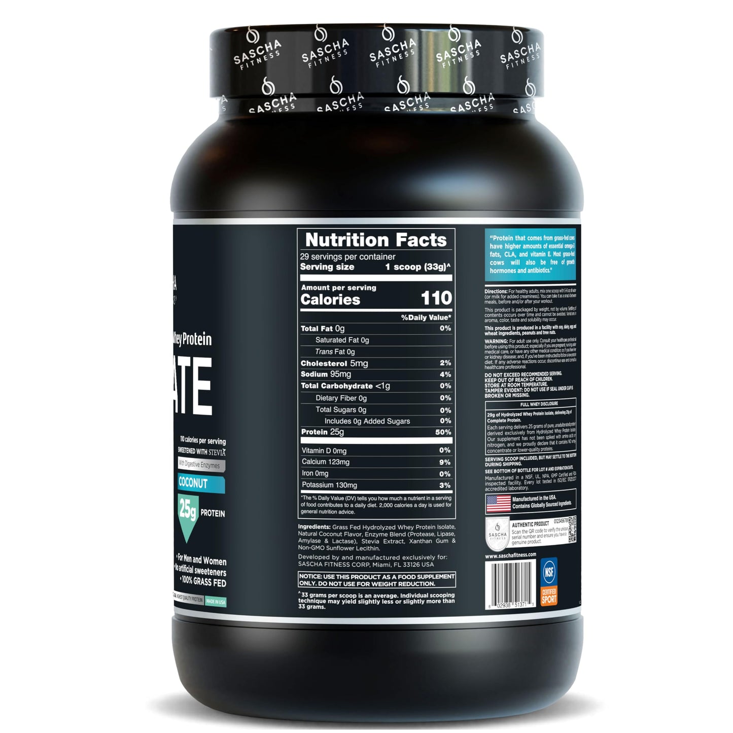 SASCHA FITNESS Hydrolyzed Whey Protein Isolate 100% Grass-Fed Powder, Coconut, 32 Servings