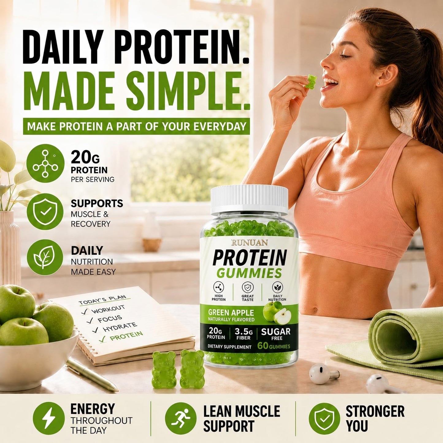 RUNUAN 20G Whey Protein Gummies, Protein Supplement with Magnesium, 60 Gummies