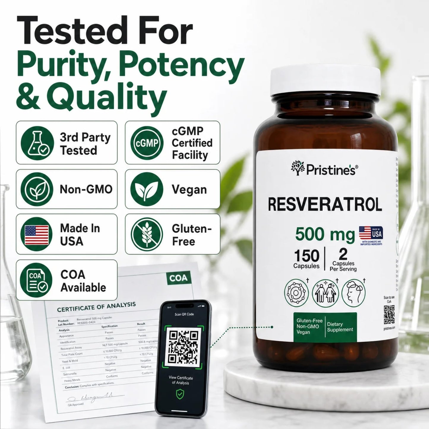 PRISTINE'S Resveratrol 500mg Capsules, 150 Count