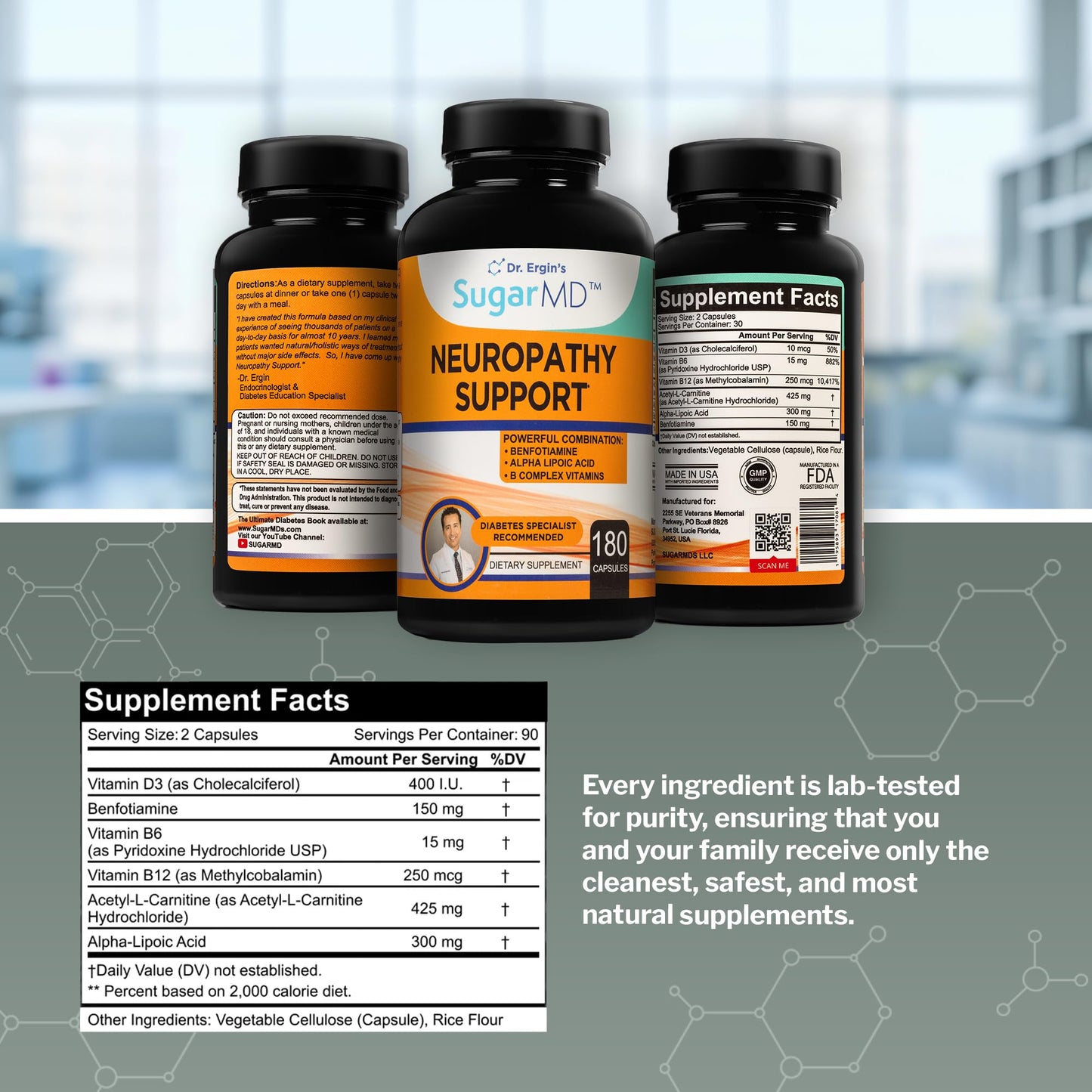 SugarMD Neuropathy Support Supplement Capsule 180 Capsules with Alpha Lipoic Acid, Benfotiamine & Vitamin D3 B6 B12