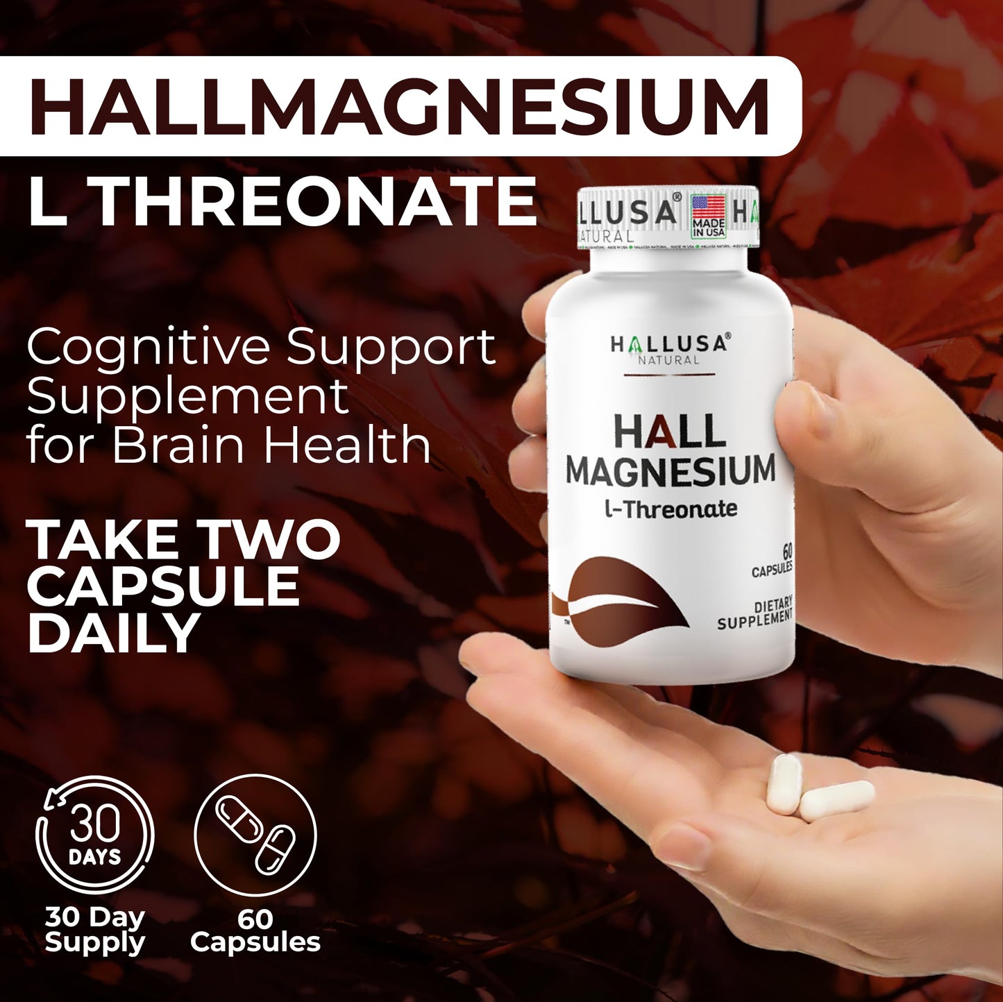 Hallusa Natural Magnesium L-Threonate 2000 mg 60 Capsules