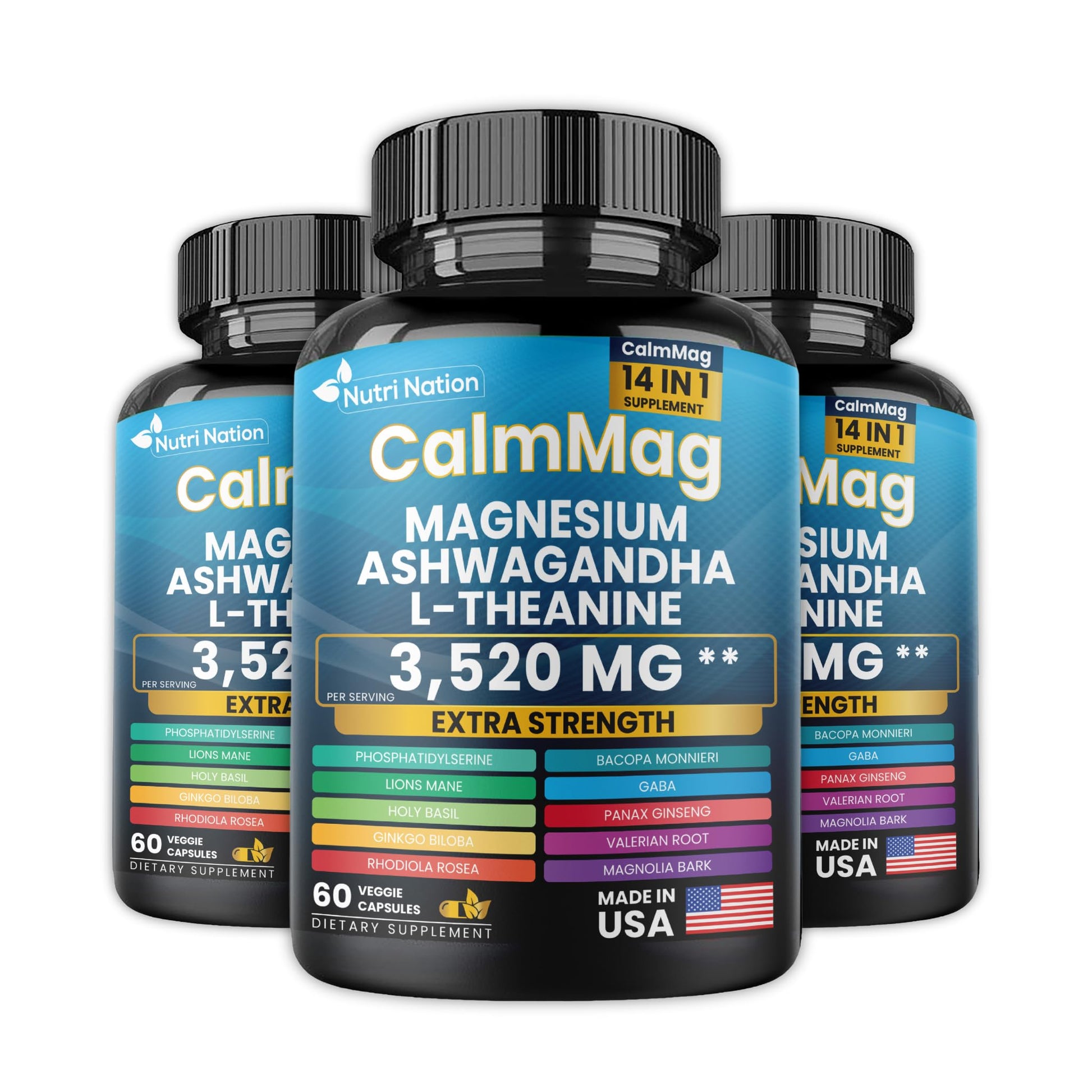 Nutri Nation Magnesium Glycinate with Ashwagandha and L-Theanine 14 in 1 Supplement Capsule, 1 Count