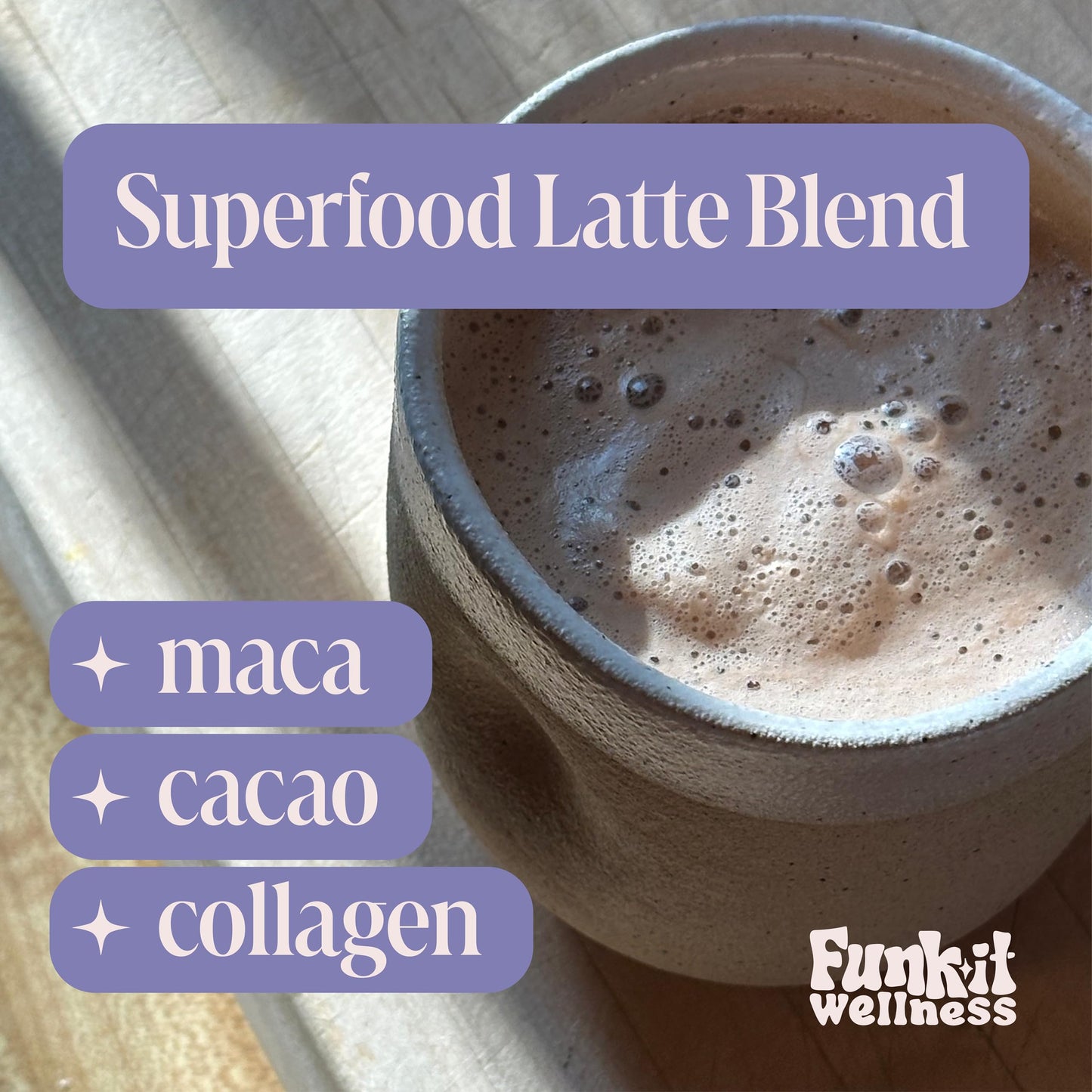 Funk It Wellness Superfood Latte with Maca Powder, Cacao & Collagen for Women Powder 14.5 Ounce