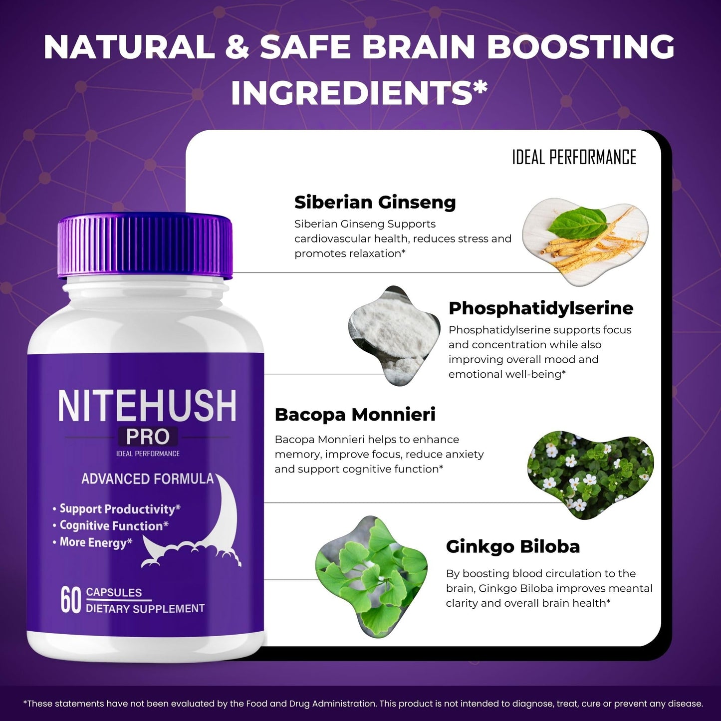 IDEAL PERFORMANCE Nite Hush Pro Brain Supplements for Memory and Focus Capsules, 60 Capsules