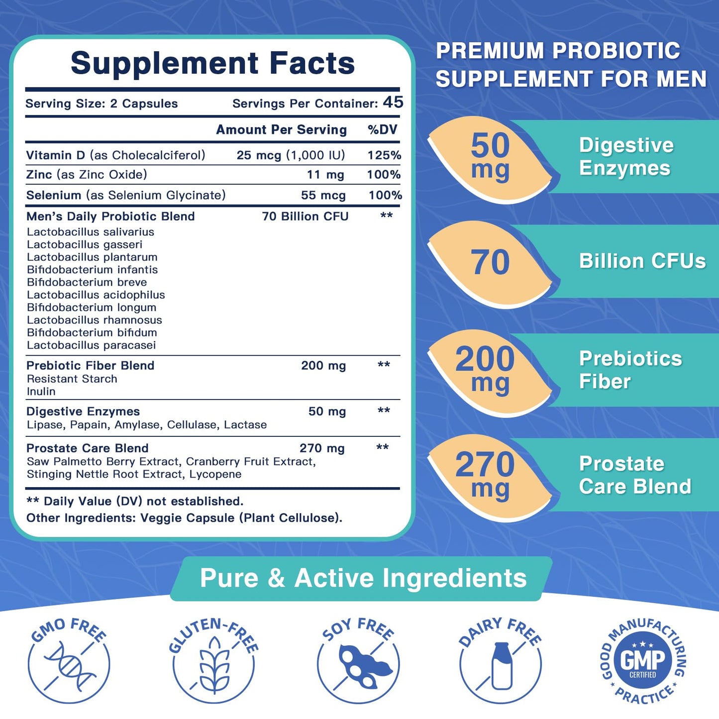 FoodiMed Probiotics for Men Digestive Health with 70 Billion CFUs, Enzymes, Prebiotics & Saw Palmetto Capsule, 90 Count