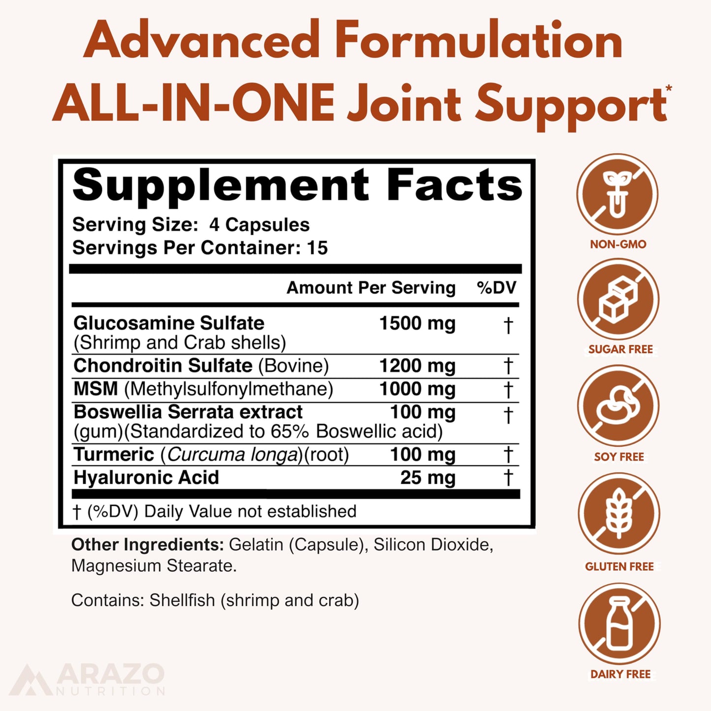 Arazo Nutrition Glucosamine Chondroitin Turmeric MSM Boswellia Joint Support Supplement 60 Capsules