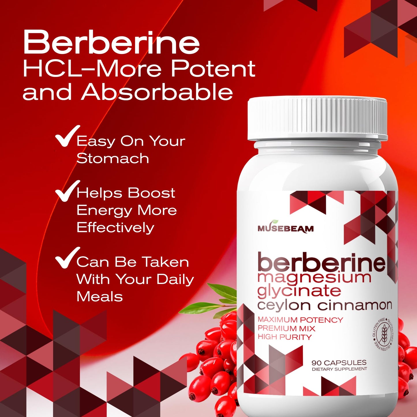 MuseBeam Berberine HCL Magnesium Glycinate Supplement Capsule, 90 Count