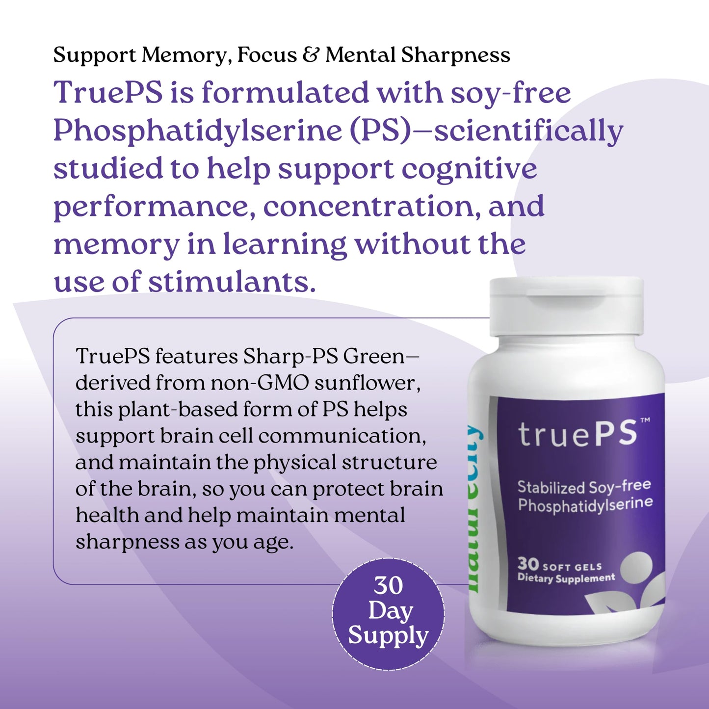 NatureCity True-PS Soy Free Stabilized Phosphatidylserine 100mg Softgels, 30 Count