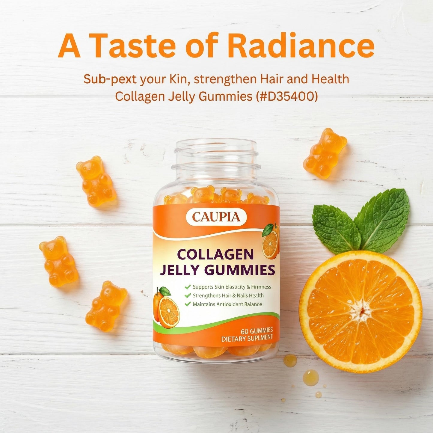 CAUPIA Collagen Jelly Gummies - Hair & Nails with Collagen Peptides, Orange Flavor, 60 Gummies