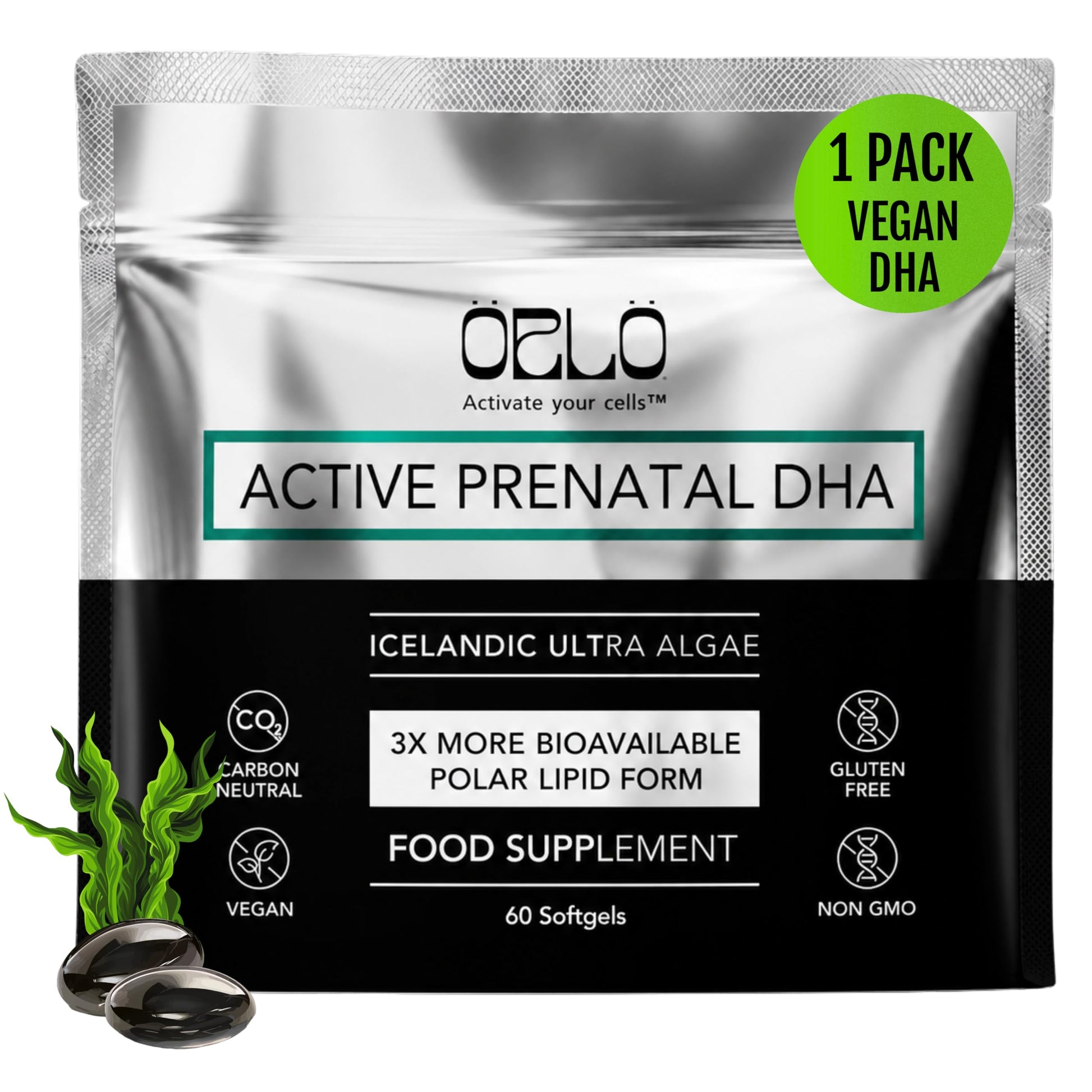 Orlo Prenatal DHA Supplement 1000mg - Mercury & Heavy Metals Free Algae Oil - Icelandic Nordic Omega-3, Mom & Baby Brain Development, No Fishy Aftertaste Softgels, 60