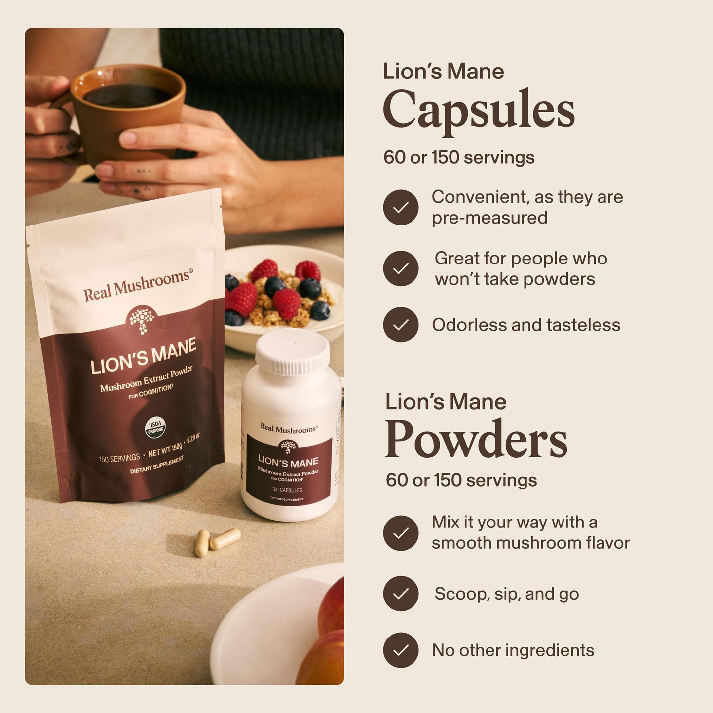 Real Mushrooms Lion's Mane Capsules, Brain, Focus and Cognition, 120 Capsules