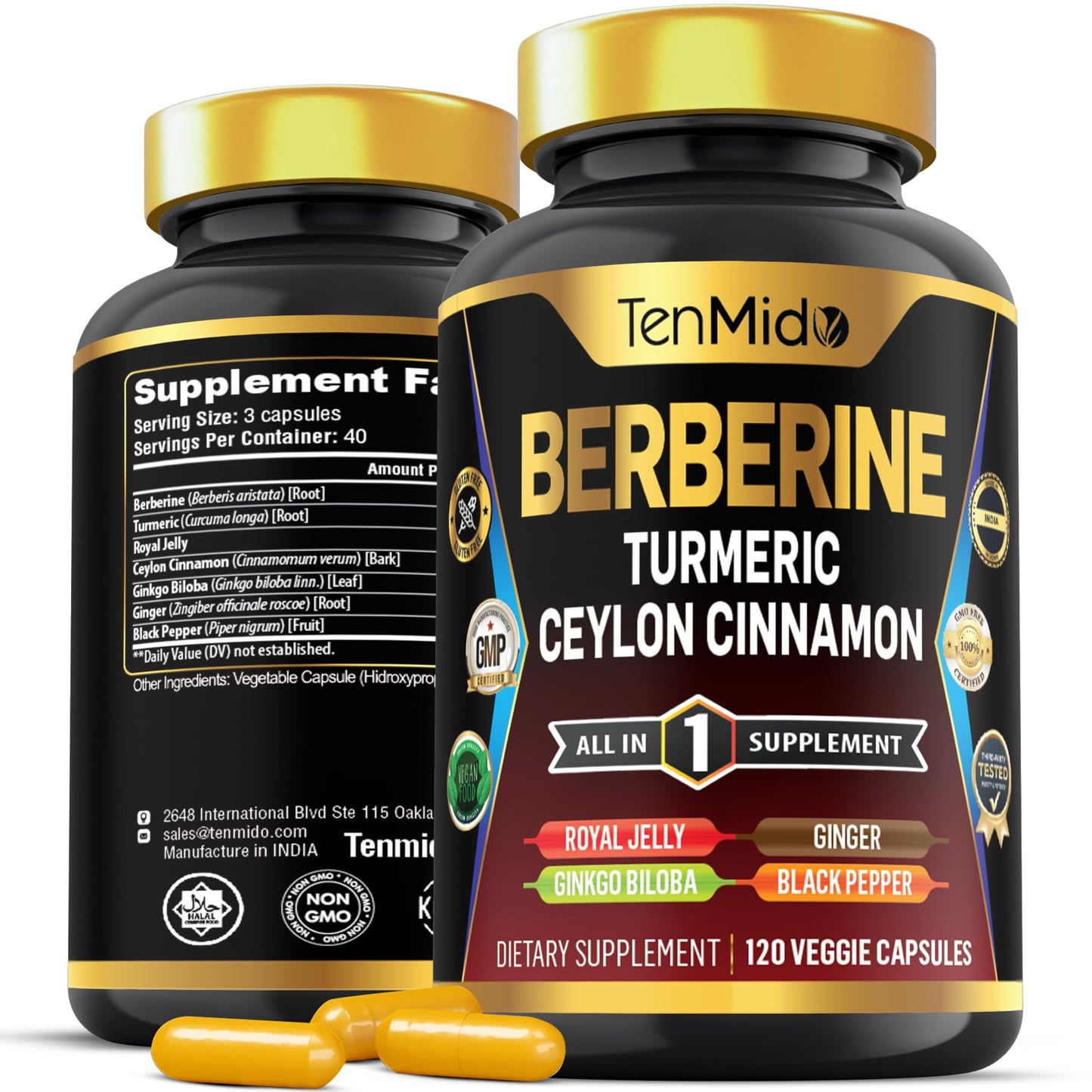 Tenmido Berberine Supplement 7in1 Formula with Turmeric, Royal Jelly, Ceylon Cinnamon, Ginkgo Biloba, Ginger & Black Pepper, Digestive Health & Immune Support, 120 Capsules