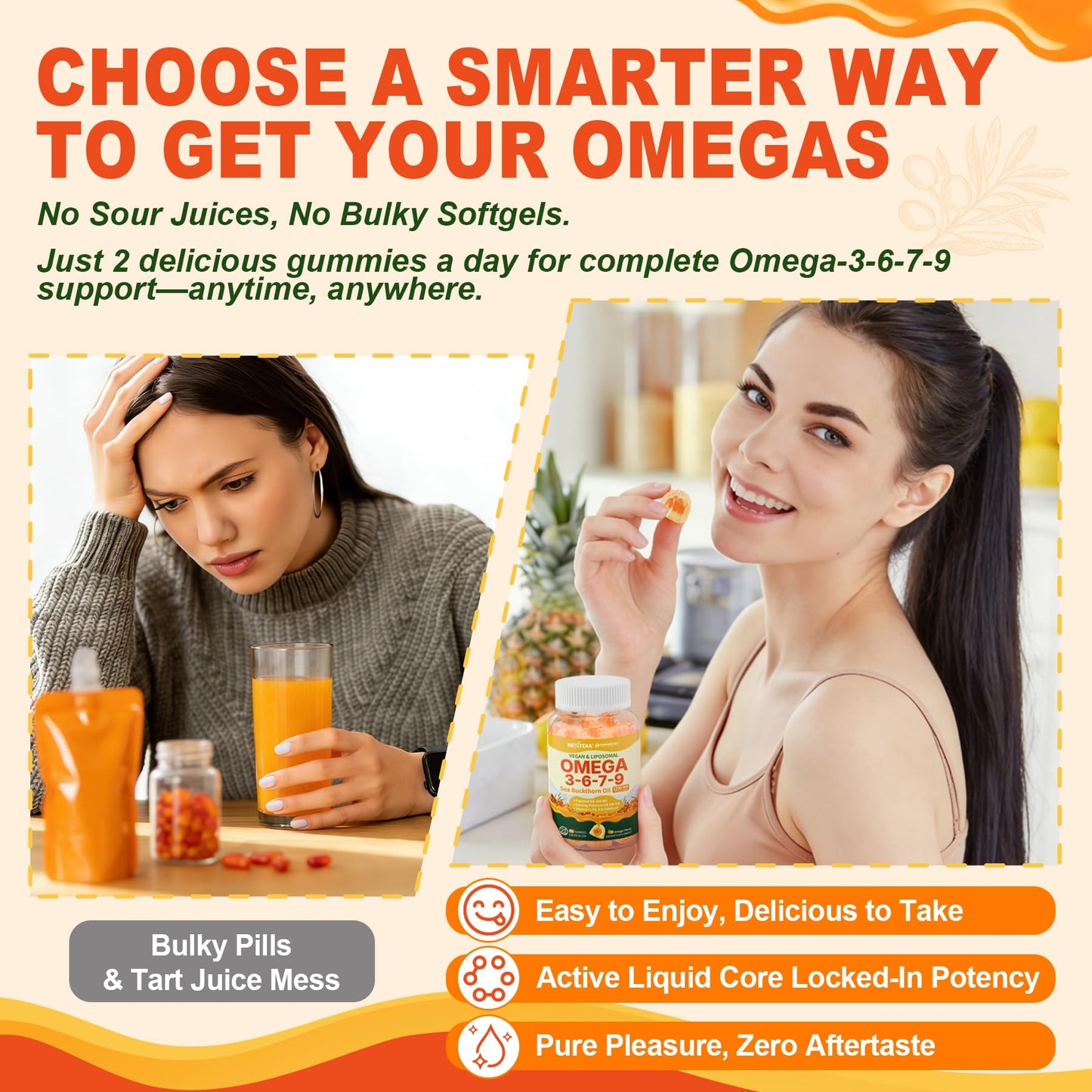 Nextdia Omega 3 6 7 9 Gummies Liposomal Sea Buckthorn Oil 1200mg No Sugar, 60 Count