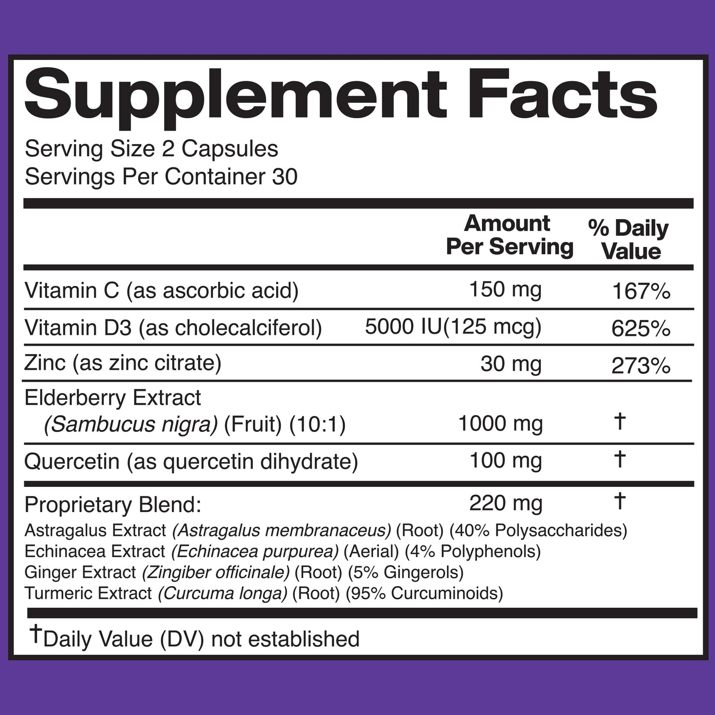 American Standard Supplements Elderberry Extract with Quercetin, Vitamin C, D3, Ginger, Zinc, Turmeric, Astragalus and Echinacea Capsule, 60 Count