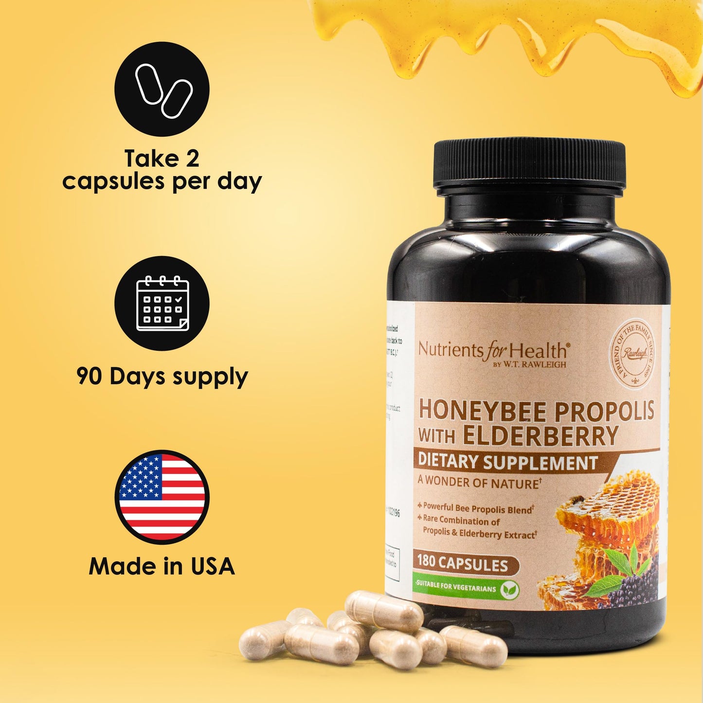 Rawleigh Honeybee Propolis & Elderberry Capsules, 180 Count