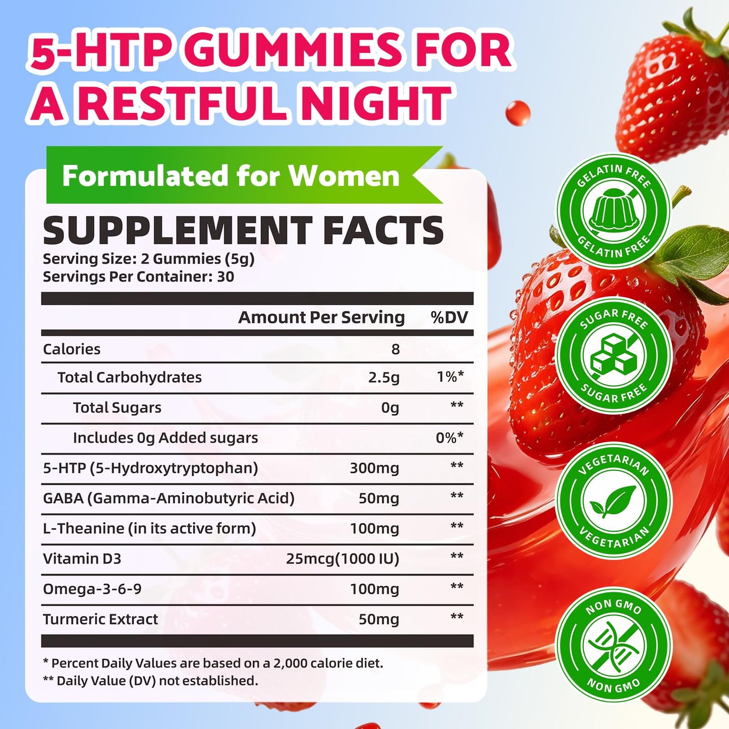 BVIVLOO Sugar Free 5-HTP Gummies + GABA - L-Theanine, Vitamin D3, Circadian Rhythm for Adults, Strawberry Flavor, 60 Count