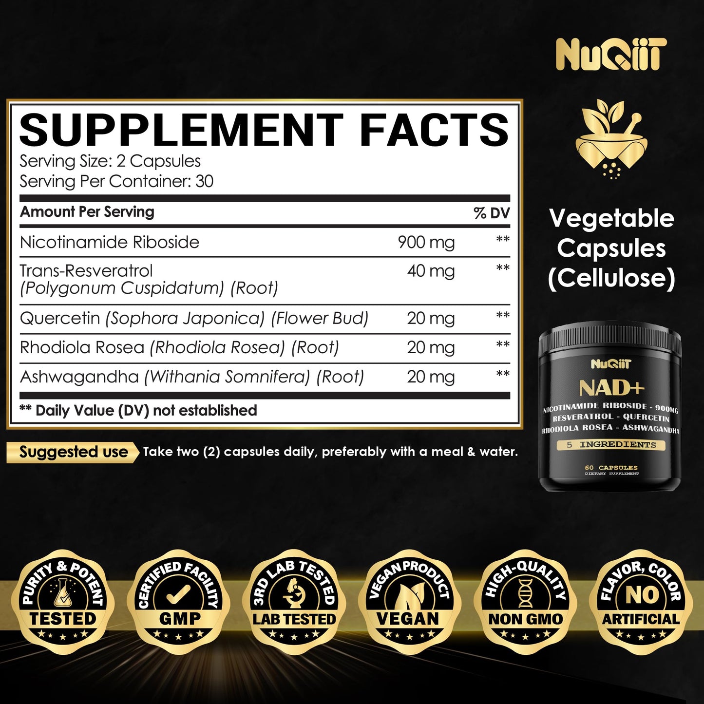 NUQIIT NAD+ Supplement with Nicotinamide Riboside, Resveratrol, Quercetin, Turmeric, Rhodiola Rosea Capsule, 60 Count