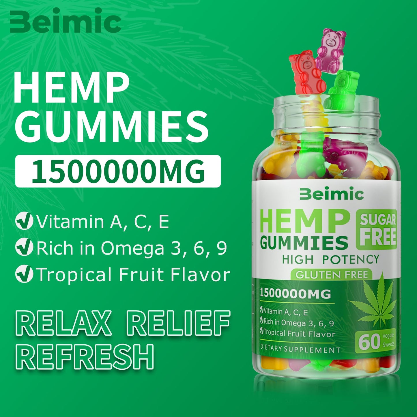 BEIMIC Hemp Gummies 1,500,000mg High Strength Natural Oil Infused, Peace & Relaxation, 120 Gummies