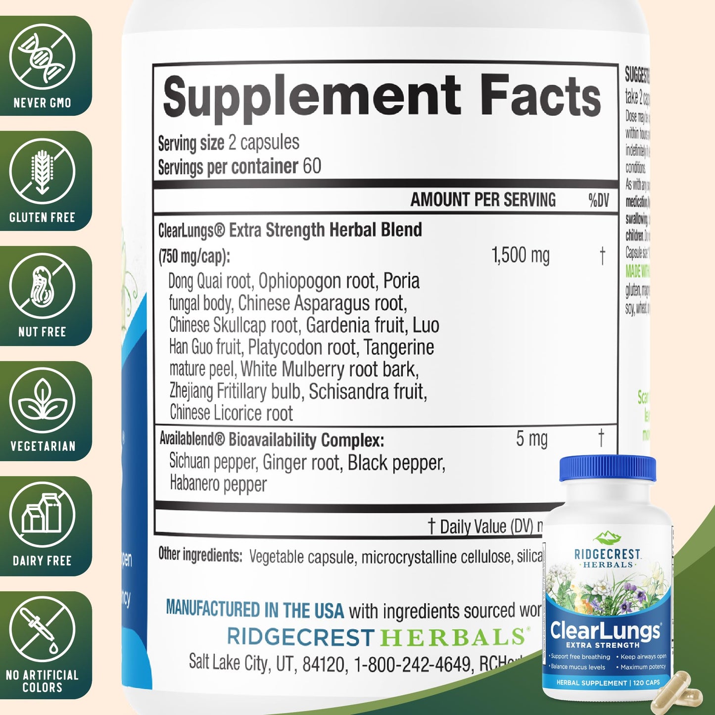 RidgeCrest Herbals ClearLungs Extra Strength Daily Health Supplement Natural Lung and Nasal Wellness Formula Capsules 120