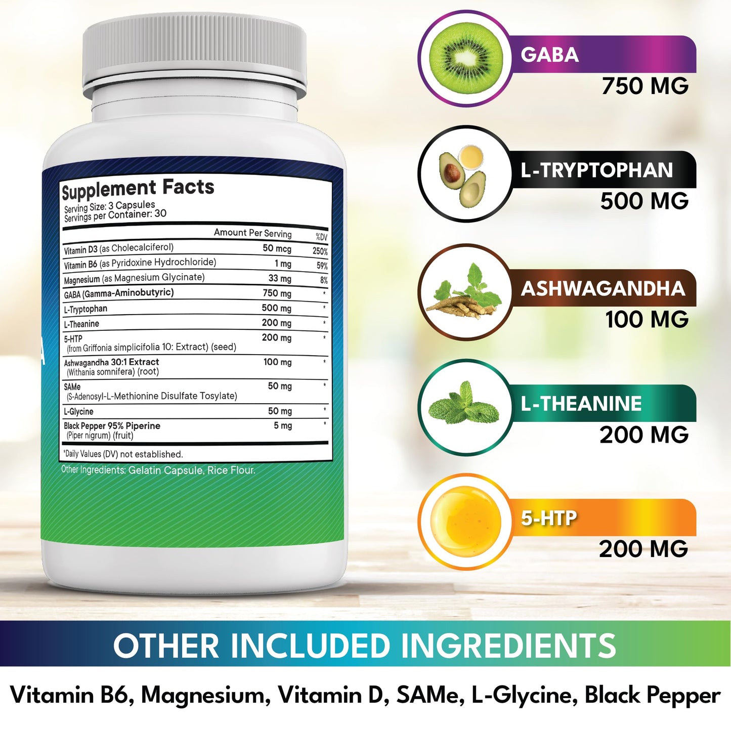 NEW AGE GABA 750mg 5-HTP 200mg L-Tryptophan 500mg L-Theanine 200mg Ashwagandha SAM-e L-Glycine Capsules, 90 Count