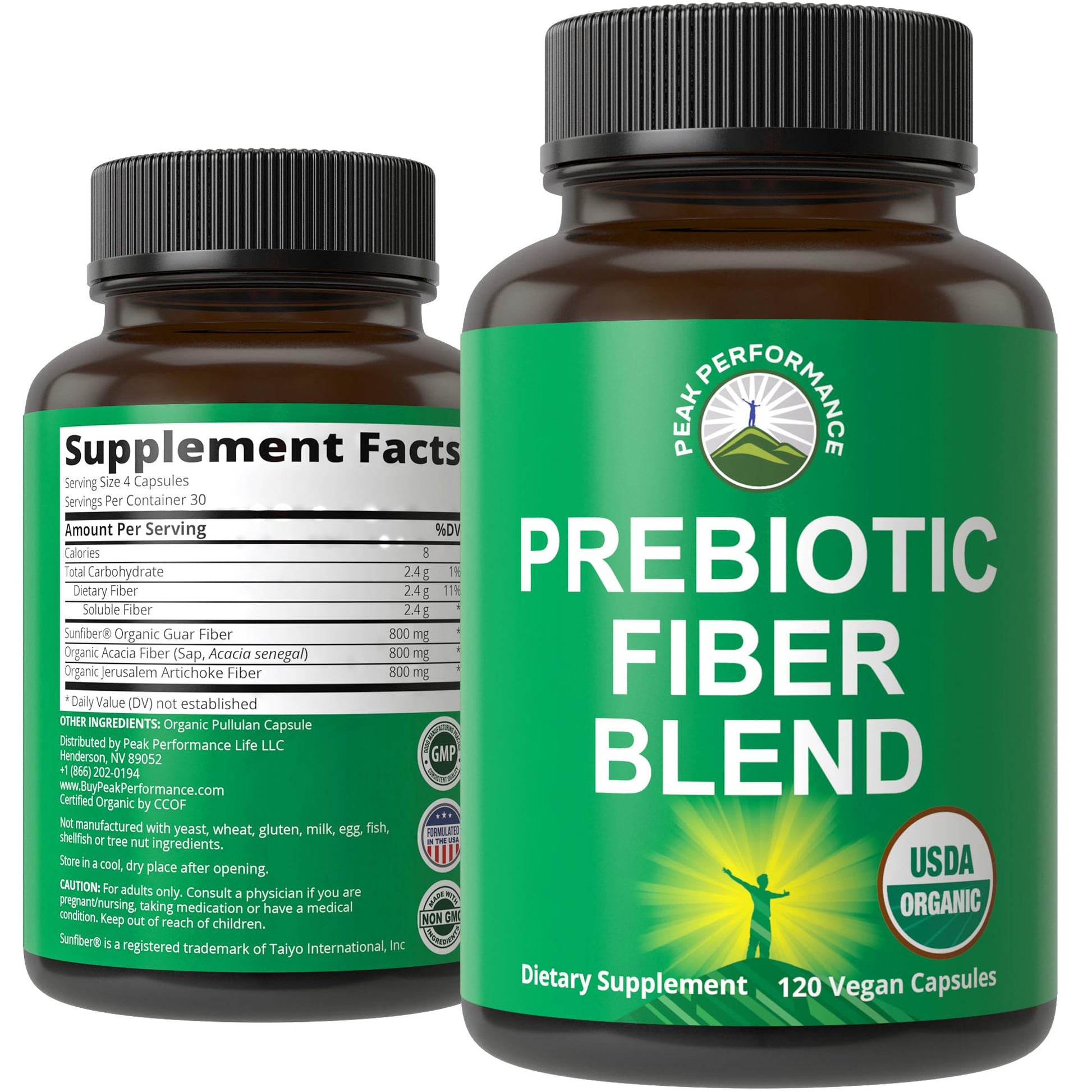 Peak Performance USDA Organic 3-in-1 Prebiotic Fiber Capsules - 120 Count